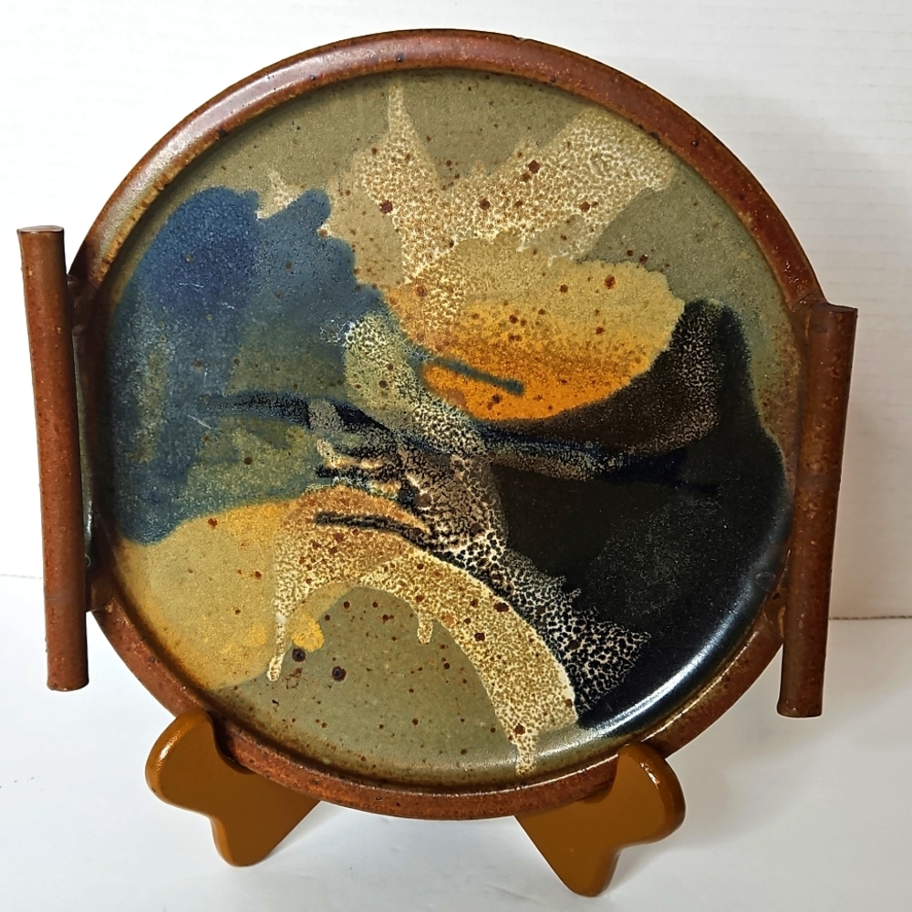 Signed Snyder Wheel-Thrown Slab Constructed Circular Stoneware with Handles
